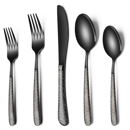 Black Hammered Silverware Set, 40-Piece Stainless Steel Heavy Duty Flatware Set for 8, Food-Grade Tableware Cutlery Set, Utensil Sets for Home Restaurant, Mirror Finish, Dishwasher Safe - style: Black Round Hammered