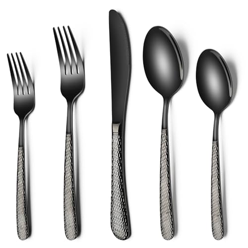 Black Hammered Silverware Set, 40-Piece Stainless Steel Heavy Duty Flatware Set for 8, Food-Grade Tableware Cutlery Set, Utensil Sets for Home Restaurant, Mirror Finish, Dishwasher Safe - style: Black Round Hammered