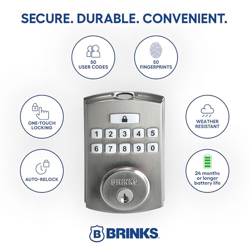 Brinks Fingerprint Door Lock, Keyless Entry Biometric Lock, Electronic Keypad Fingerprint Deadbolt with Auto-Locking, Front Door Lock and Interior Knob Set, Easy Installation, Satin Nickel - color: Satin Nickel, style: Deadbolt