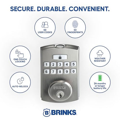 Brinks Fingerprint Door Lock with Lever – Keyless Entry Biometric Lock, Electronic Keypad Fingerprint Deadbolt with Auto-Locking, Front Door Lock and Interior Lever Set, Satin Nickel - color: Satin Nickel, style: Deadbolt & Passage Lever