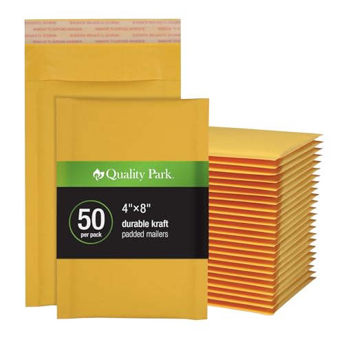 Quality Park Bubble Mailers, 4 x 8 Shipping Envelopes, Self-Seal, Small Kraft Padded Envelopes, Redi-Strip Peel Off Closure, 50 Per Box (QUA85928) - size: 4 x 8