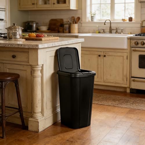 13.3 Gallon Trash Can, Touch Top Push Button Lid, Black Durable Plastic