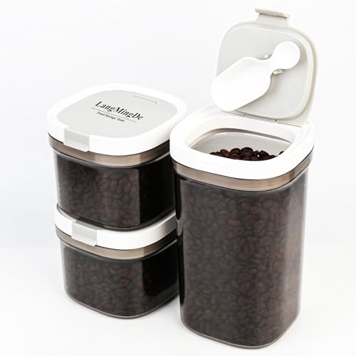 LANGMINGDE 3 Piece Airtight Kitchen Storage Canisters Set, Coffee and Dry Food Storage Containers, BPA-Free, Stackable, Easy-Clean, Perfect for Coffee, Flour, Sugar, Includes Scoop - color: (Transparent Gray)1x1800ml+2x800ml≈ 1x45oz+2x20oz