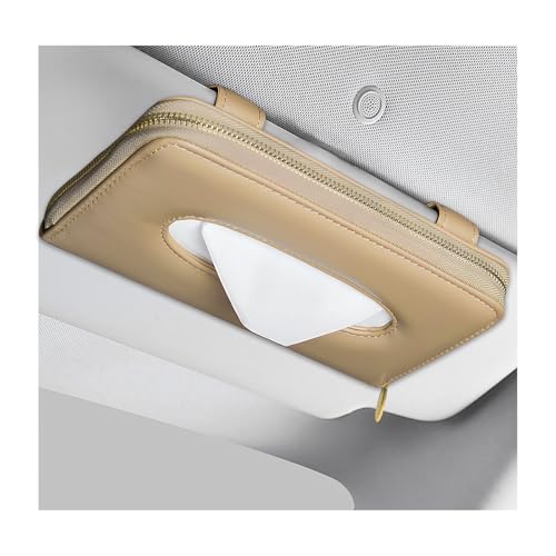 Car Tissue Holder, PU Leather Auto Sun Visor Tissue Case Napkin Holder with Zipper, Rectangular Mask Dispenser Hanging Paper Towel Organizer for Cars SUVs Trucks RVs (Beige) - color: Beige
