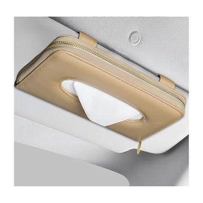 Car Tissue Holder, PU Leather Auto Sun Visor Tissue Case Napkin Holder with Zipper, Rectangular Mask Dispenser Hanging Paper Towel Organizer for Cars SUVs Trucks RVs (Beige) - color: Beige