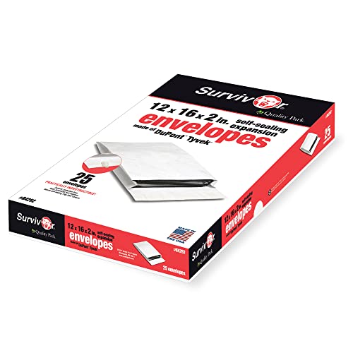 Quality Park Survivor 12 x 16 x 2 Tyvek Expansion Catalog Mailers with Self Seal Closure, 14 lb, Puncture, Tear and Moisture Resistant Dupont Tyvek Envelopes, 25/Box (R4292)