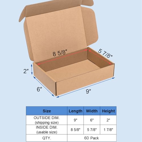Wowxyz Shipping Boxes 9x6x2" 60 Pack Brown Corrugated Cardboard Box Mailer - size: 9x6x2"