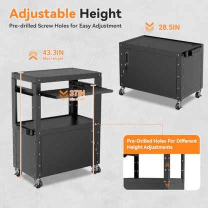 Mobile AV Cart, Adjustable Height Rolling Computer Cart with Pullout Keyboard Tray – Locking Cabinet, 3 Outlets & 2 USB Ports, Lock Brake Casters–Media Utility Cart on Wheels for Home/Office - size: Style 1 18"D x 24"W x 43.3"H