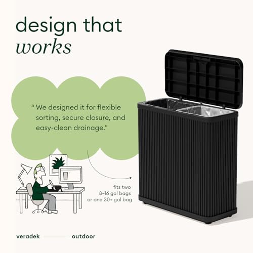 Veradek Tambour Waste Bin - Outdoor Trash Can with Dual Bag System - color: Black, size: 25" L x 11.75" W x 26.5" H - 2 Pack