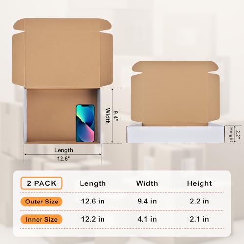 12x9x2 Inches Shipping Boxes, 2 Pack White Corrugated Cardboard Boxes, Recyclable Tap-Lock Packaging Boxes for Business, Gift Wrapping, Mailing and Storage - size: 12"x9"x2"