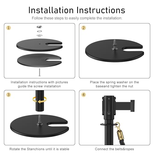 2Pack Stanchions with Retractable Belt and 2Pcs Hemp Rope (Black) - color: Black
