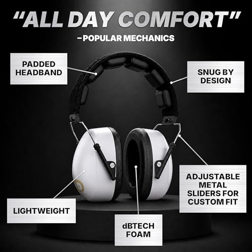 DECIBEL DEFENSE Ear Protection, 37 dB NRR Ear Muffs (WHITE) - color: White, size: Regular