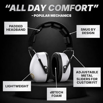 DECIBEL DEFENSE Ear Protection, 37 dB NRR Ear Muffs (WHITE) - color: White, size: Regular