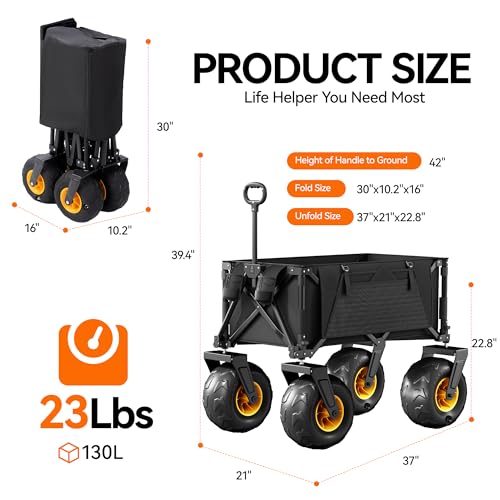 DXZ Beach Wagon Cart with Big Wheels for Sand – Folding Collapsible Wagon, Heavy Duty Wagons Carts Foldable for Beach, Camping, Outdoor Gear, Easy Setup Black Yellow - color: Black Yellow