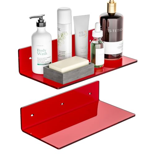 Sezanrpt 12 Inches Red Small Wall Shelves, Acrylic Bathroom Floating Shelves for Living Room, Bathroom, Bedroom, 2 Pack - color: Red, size: 12 Inch