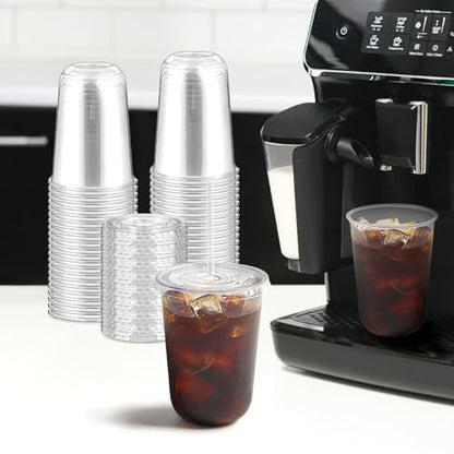 100 Pack 16 oz Plastic Coffee Cups with Lids and Straws
