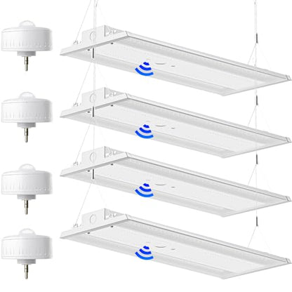 210W LED Linear High Bay LED Shop Lights with PIR Sensor, 4-Pack 31500LM 0-10V Dimmable 5000K Daylight, Adjustable LED High Bay Shop Lights Lighting Fixtures for Garage Warehouse Workshop, UL