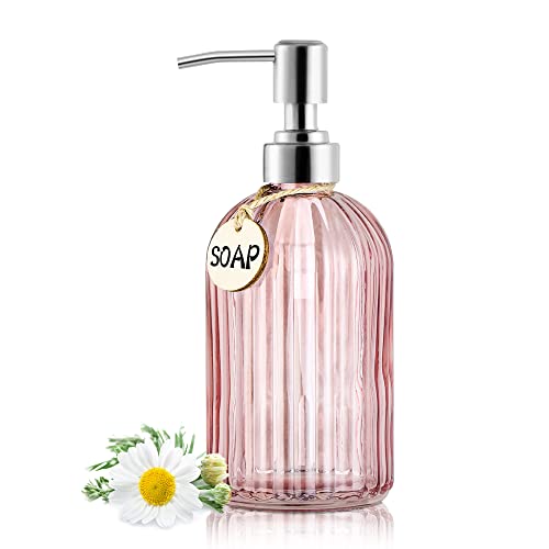 MOCLIF 16OZ Fashion Stripe Clear Glass Refillable Soap Dispenser with 304 Stainless Steel Pump Premium Soap Dispenser， for Kitchen, Bathroom, Hand Sanitizer, Liquid Soap, Lotion, etc. (Clear Pink) - color: Pink