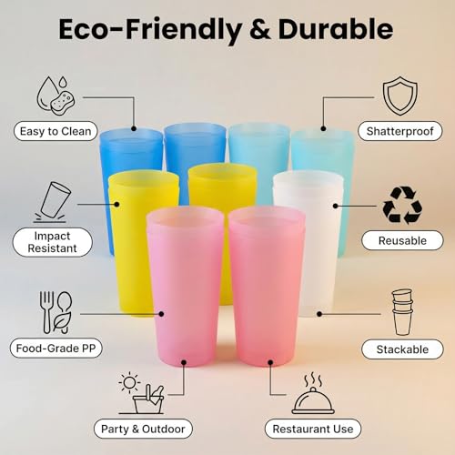 32 oz Plastic Cups Reusable set of 12, Large Plastic Tumbler Pastel - color: Pastel
