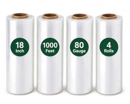 NEXUSWAY 4 Rolls 18'' Shrink Wrap for Moving - Stretch Film Pallet Wrap Roll Heavy Duty 1000 feet 80 Gauge Industrial Strength up to 800% Stretch 20 Microns for Shipping Moving Furniture - style: Pack of 4