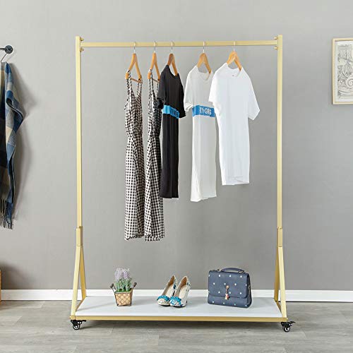 Clothing Store Modern Simple Metal Rolling Garment Rack with Wheels,Retail Display Rack with Wood, Single Rod Floor-Standing Hangers Dress Clothes Shelves (Gold Square Tube, 47.2 L)