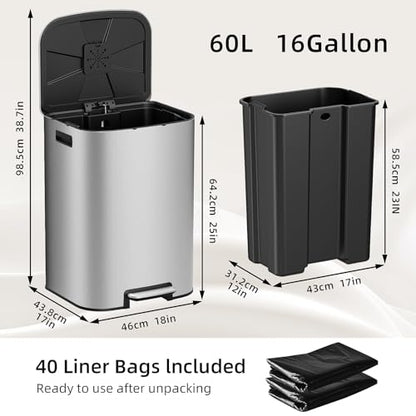 KUK 16 Gallon Kitchen Trash Can with Lid, Heavy Duty Hands-Free Stainless Steel Commercial Step Trash Bin with Removable Inner Bucket, Pedal Rubbish Bin for Home Office and Kitchen, 60L/16Gal - size: 16 Gallon