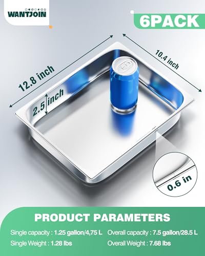 WantJoin Stainless Steel Steam Table Hotel Pan Set 1/2 Size 2.5 Inch 6 Pack - color: 2.5" Deep, size: 1/2 Size Thickened