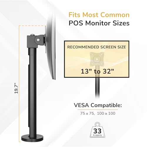 Mount-It! Fixed Height POS Monitor Mount – 19.7” Monitor Pole Mount for Retail Checkout Counters and Point of Sale Systems, Bolt-Down Base, VESA 75x75 & 100x100, Fits 13–32” Monitors, 33 lb Capacity - style: 19.7 Inches