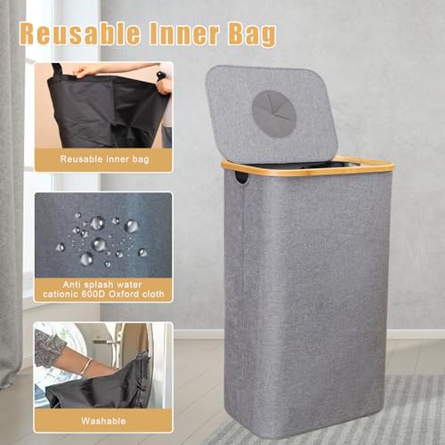 26 Gallon/100L Kitchen Recycling Bin with Lid & 1 Reusable Inner Bags - Ideal for Bottles, Cans, Glass, Waste (Grey) - color: Grey