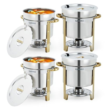 Garvee 4 Pack Round Soup Chafer, 7QT Stainless Steel Soup Warmer with Pot, Notched Lids & Fuel Holders, Commercial Food Warmer for Buffets Parties Wedding Banquets Catering, Gold - color: Gold, size: 7 QT-4 Pcs