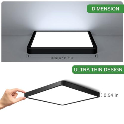 12Inch 24W Square LED Ceiling Light Fixtures Flush Mount, 6000K Cold White LED Ceiling Lamp, Surface Mount Modern Ceiling Lights, Black Slim Flat Panel Lighting for Bedroom, Kitchen, Bathroom - color: Cool White, size: 12 inch Black