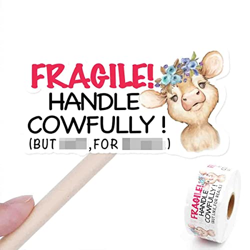 Wailozco Handle Cowfully Stickers,Funny Fragile Packaging Sticker for Mailing Envelopes Small Business Shipping Package 500 Labels Per Roll - color: Fragile Handle Cowfully