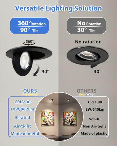 Adetu 12 Pack 4 inch 5CCT Black Gimbal LED Recessed Lights, 10W=95W, 982LM - color: Black-4 inch, size: 12 Pack
