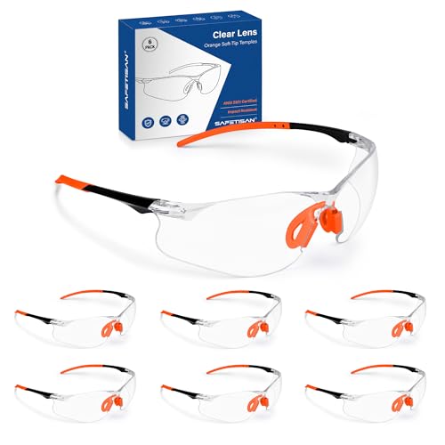 Clear Safety Glasses 6PK, Protective Eyewear UV Protection ANSI Z87.1 Crystal Clear Safety Goggles Scratch Impact Resistant Eye Protection with Soft Nose Pieces, Clear Lens Orange Temples - color: Clear Lens Orange Temples