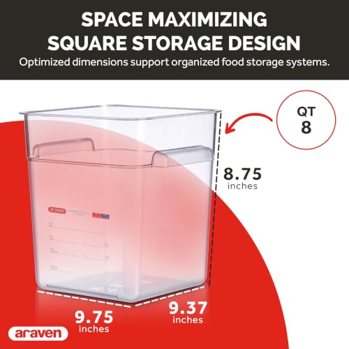 Araven Square Food Container, Food Container Commercial, 8 QT, Clear