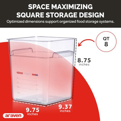 Araven Square Food Container, Food Container Commercial, 8 QT, Clear