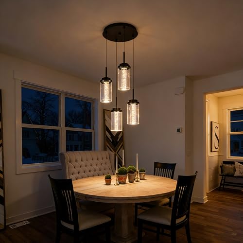 MELUCEE 4-Light Dimmable LED Pendant Light Black with Clear Glass Shade - color: Black, size: 4-Light-Round