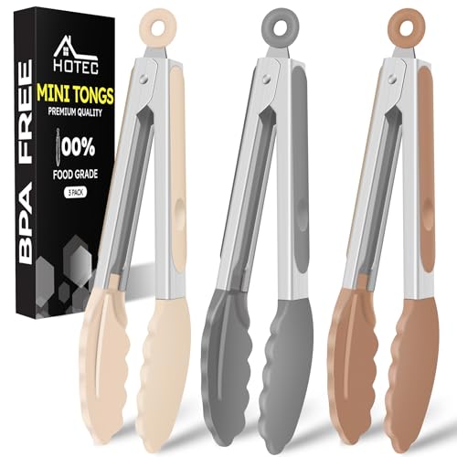 HOTEC Small Silicone Kitchen Tongs 7-Inch Mini Serving Tongs, Set of 3 - color: Neutral-1