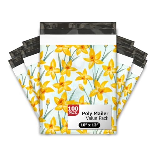 10x13 (100) Daffodil Floral Summer Designer Poly Mailers Waterproof Self Sealing Tear Resistant Polymailers Shipping Envelopes Premium Printed Bags For Small Businesses - color: Daffodils, size: 10x13 inches