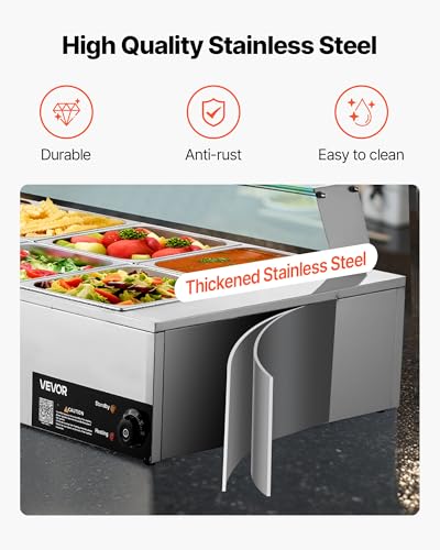 VEVOR Commercial Food Warmer, 1700W Electric Stainless Steel Steam Food Warmer with Glass Cover, 10-Pan Countertop Buffet Bain Marie with Soup & Perforated Ladles, for Catering, Restaurant & Party - size: 10x1/2Pan;120QT