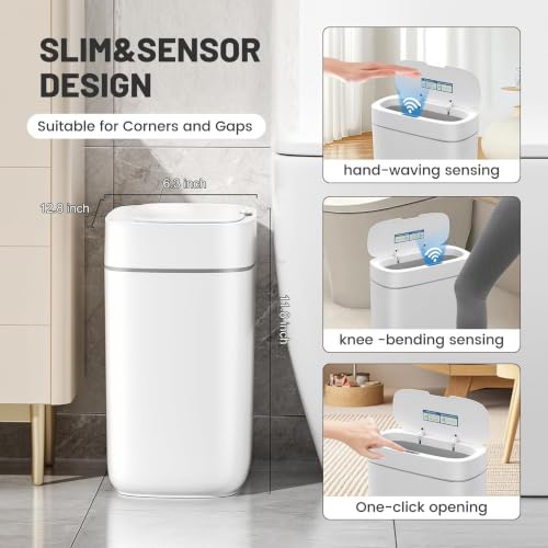 JUDRDO 3.5 Gal Slim Touchless Bathroom Trash Can, Automatic Diaper Pail - color: White-n21
