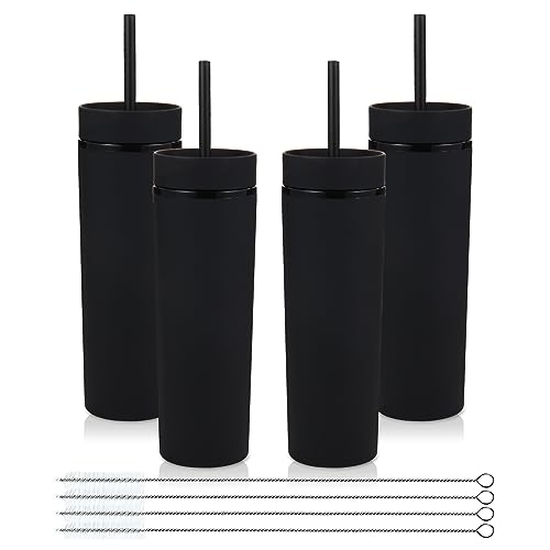 Volhoply 16oz Plastic Skinny Tumbler with Lid and Straw Bulk 4 Pack,Insulated Double Wall BPA Free Matte Acrylic Tumblers,Iced Coffee Travel Mug Reusable Party Cup,Customizable Diy Gifts(Black,4 Set) - color: Black