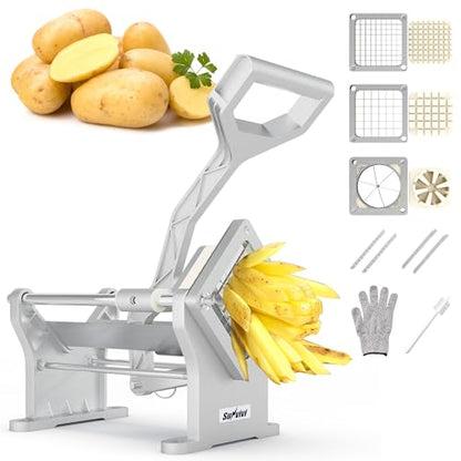 Sunvivi Commercial French Fry Cutter, Heavy Duty Potato Slicer with 3 Replaceable blades (1/2, 3/8 Inch, 6-wedge Slicer), Professional Fries Cutter for Restaurant & Home Kitchen, Stainless Steel - size: Large-Horizontal
