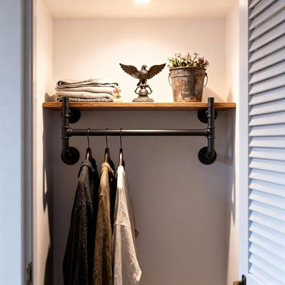 WEBI Wall Mounted Clothes Rack with Shelf,27" Industrial Pipe Clothing Rack with Shelf with Hanging Rod,Heavy Duty Iron Garment Rack Bar,Retail Display Clothes Rod for Laundry Room,Closet,Black - color: Black, size: 27 Inch