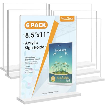 MaxGear Acrylic Sign Holder 8.5" x 11" Double Sided Acrylic Stand, 6 Pack - size: 6 Pack 8.5X11