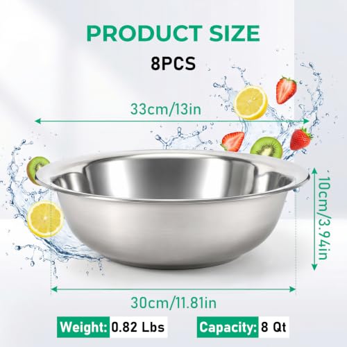 8 Pcs 7.5 Qt Large Stainless Steel Mixing Bowls with Mirror Finish