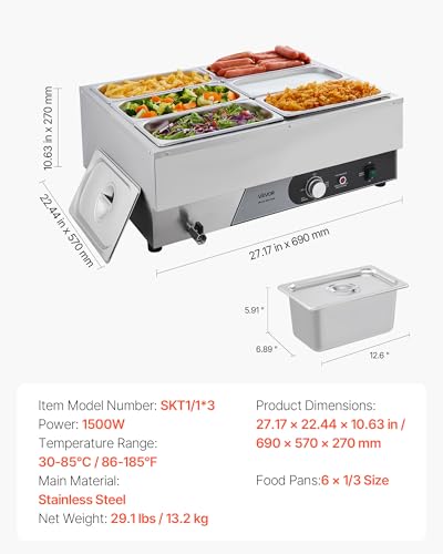 VEVOR Commercial Food Warmer, 1500W Electric Stainless Steel Steam Food Warming with Lid, Fast Heating Countertop Buffet Bain Marie with Six 1/3 Size Food Pans, for Catering, Restaurant and Party - size: 6*1/3Pan;15CM Depth