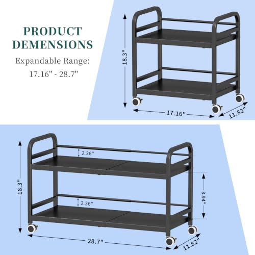 2-Tier Expandable Rolling Cart, Pantry Storage Cart with Wheels, Adjustable Rolling Pantry Floor Organizer - color: Black