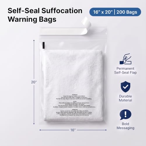 16" X 20" (200 Count) Self-Seal Clear Poly Bags With Suffocation Warning - size: 16" x 20"