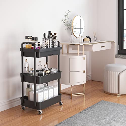 Calmootey 3-Tier Utility Cart with Drawer & Wheels, Storage for Home,Office - color: Black, size: 3-Tier